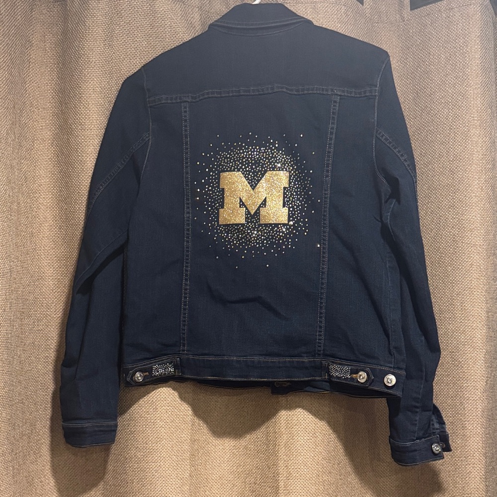 Women’s Small Michigan block M Denim Jacket with Gold Sequin Lettering, Go Blue!